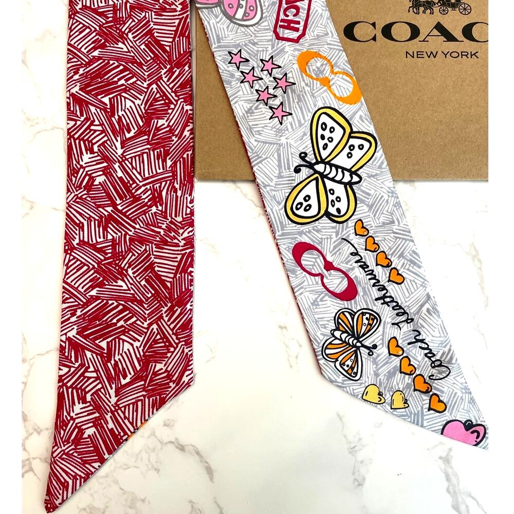 Coach 100% Silk Multi-Color "Doodle Sketch" Novelty Print Bandeau with Box NWOT - Picture 2 of 8